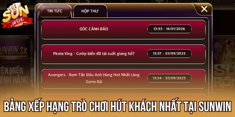 Bảng xếp hạng trò chơi hút khách nhất tại Sunwin